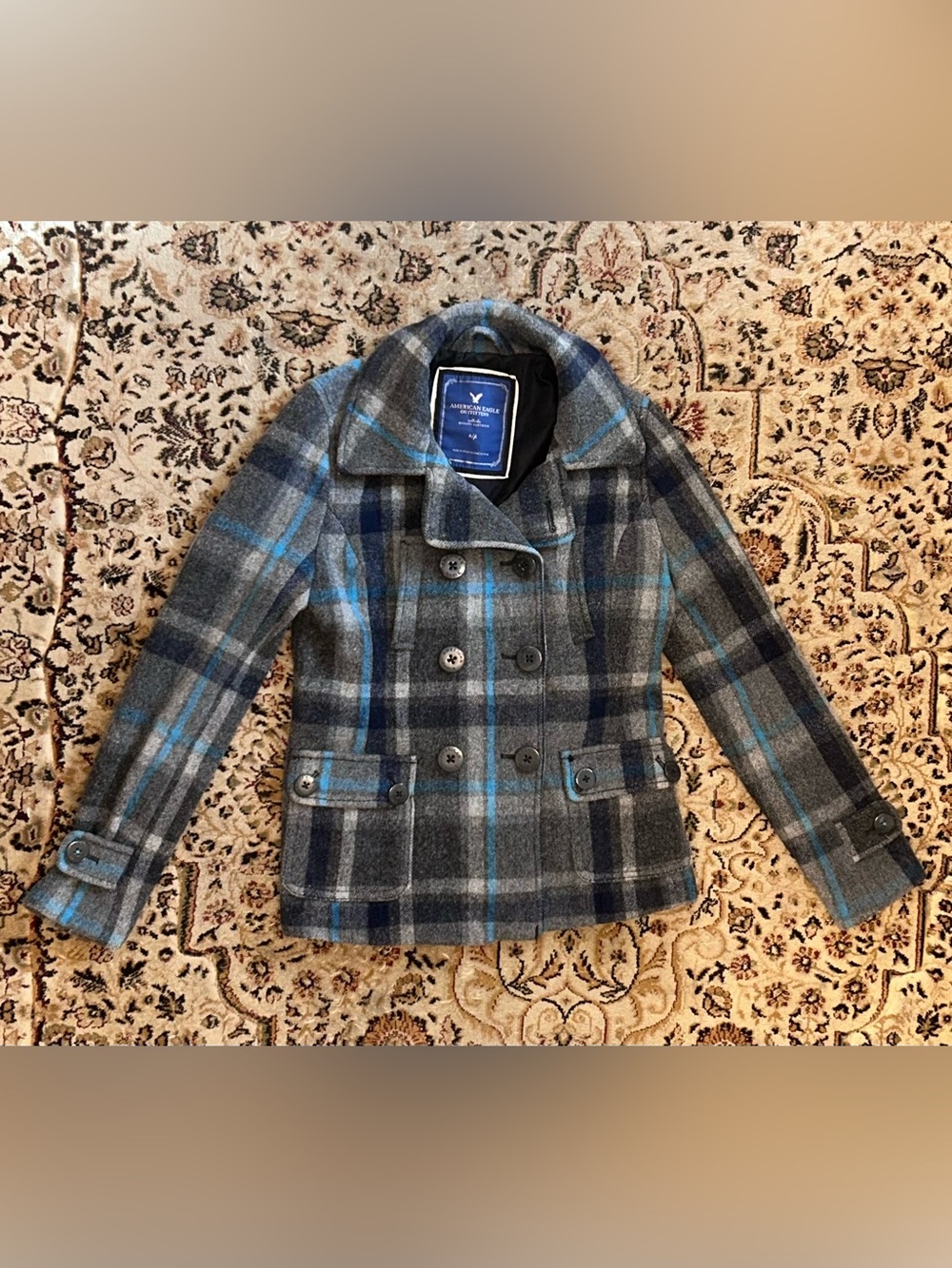 American Eagle Outfitters Grey and Blue Plaid Wool Peacoat Women size S/P